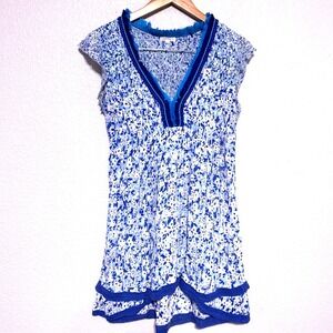 Poupette St Barth Blue Floral Fringed Crochet Smocked Mini Dress Med Vaca Boho